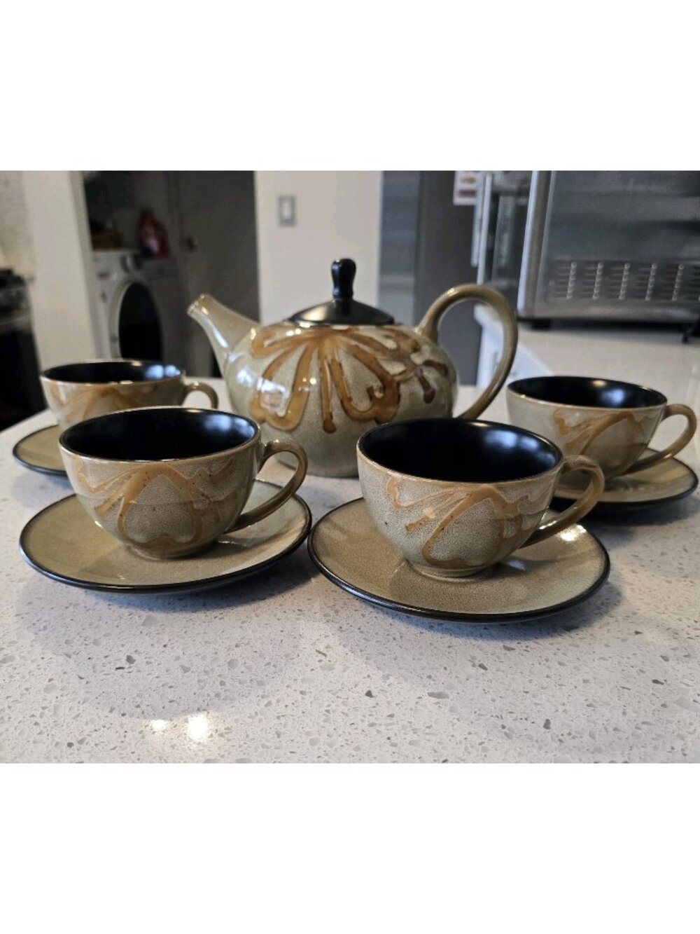 Pier 1 Kioko Asian Teapot Tea Set w/ Lid + 3 Teacups Cups Saucers Brown